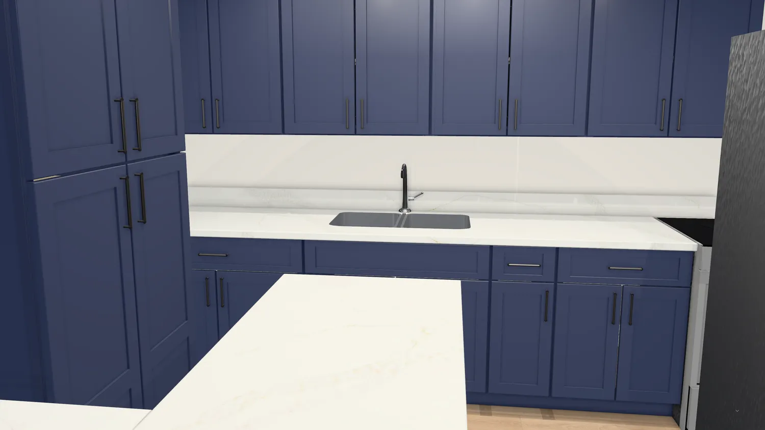 DesignPro 3D view: a full kitchen run with wall cabinets, island and range in navy shaker