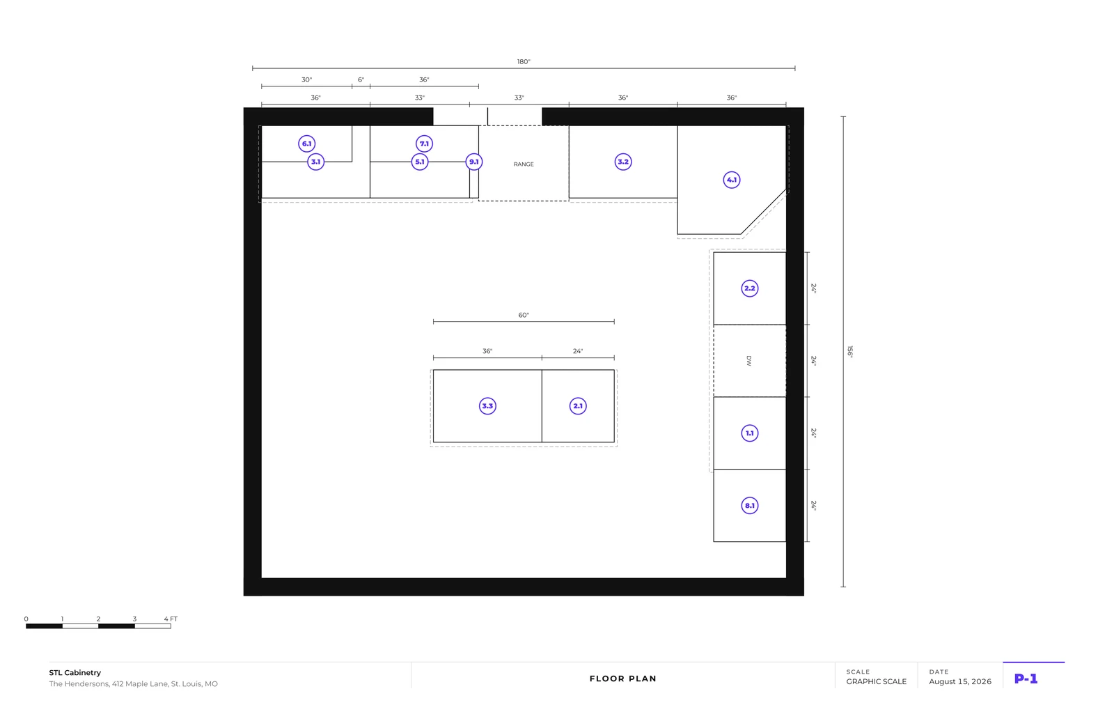DesignPro exported floor plan sheet: a dimensioned kitchen plan with numbered cabinet callouts and a scale bar, ready alongside the cabinet schedule and quote