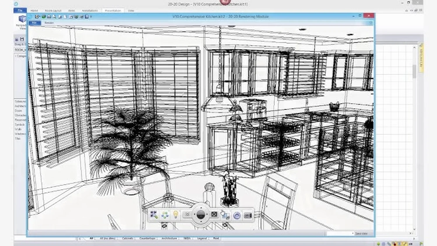 2020 Design's 3D view: an unlit wireframe render of the same kind of kitchen