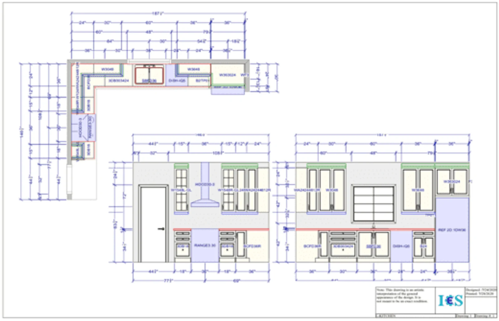 2020 Design's plan set export: a floor plan and elevations with colliding SKU labels and an artistic-interpretation disclaimer
